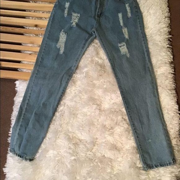 Distressed,High Waisted,Tapered Leg Jeans - Picture 1 of 7